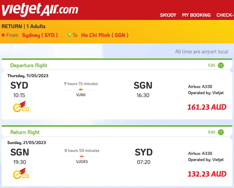 Example of a Sydney-Ho Chi Minh City sale fare on the Vietjet Air website