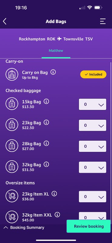 Adding baggage in the Fly Bonza app