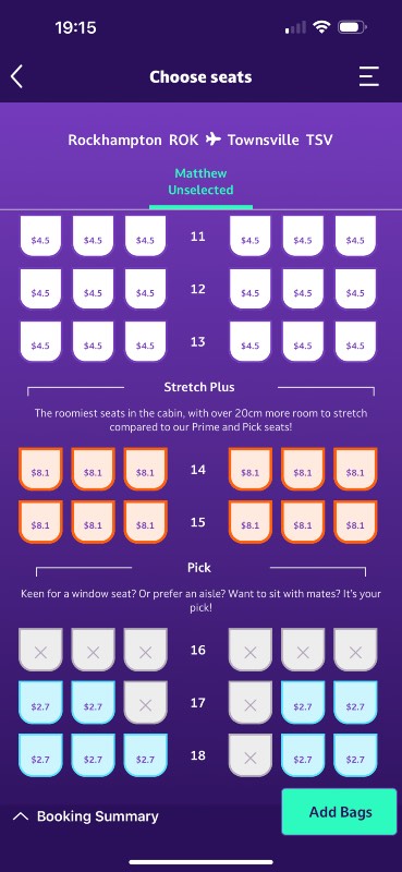 Seat selection in the Fly Bonza app