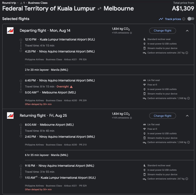 Example of a Philippine Airlines Business Class fare from Kuala Lumpur to Melbourne on Google Flights