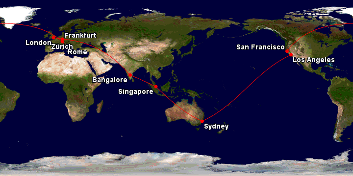 An example of a Lufthansa Group round-the-world fare routing