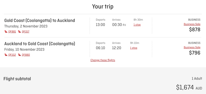 OOL-MEL-AKL itinerary on the Qantas website
