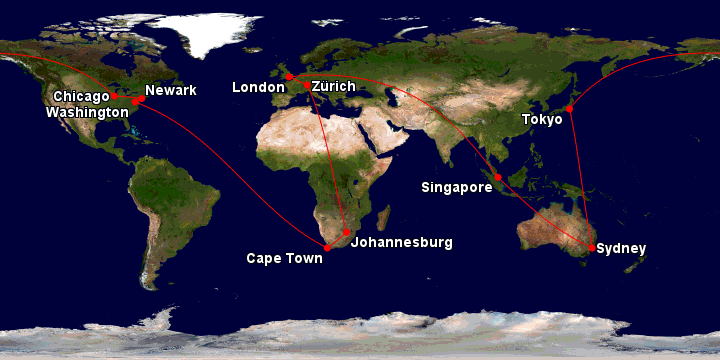 An example of a Star Alliance Round-the-World fare itinerary originating in Sydney, with stopovers in Singapore, London, Zurich, Johannesburg, Cape Town, Newark, Chicago and Tokyo
