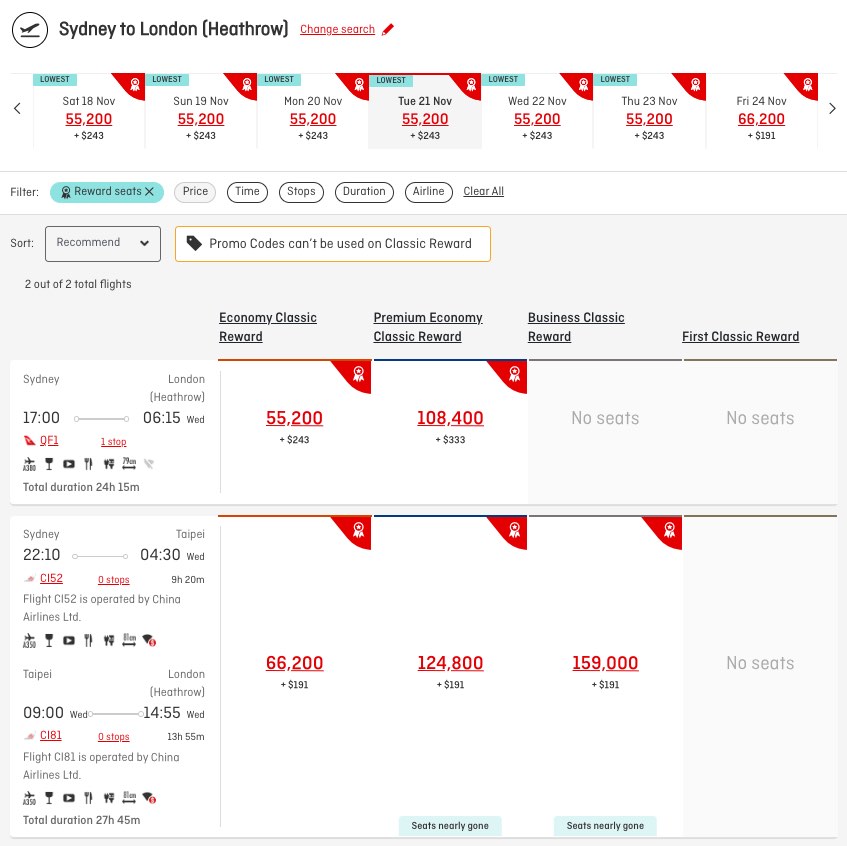 Award availability from Sydney to London showing on the Qantas website.