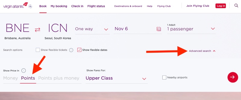 Search for Flying Club reward seats on selected airlines on the Virgin Atlantic website.