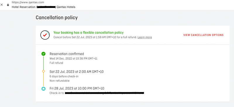 Screenshot of Qantas Hotels cancellation policy