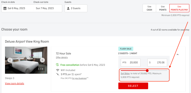 Screenshot from Qantas website of Points Plus Pay booking option