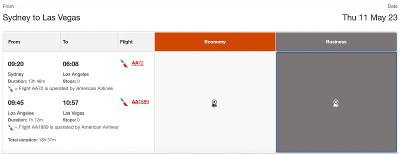 American Airlines award availability to LAS on Qantas website