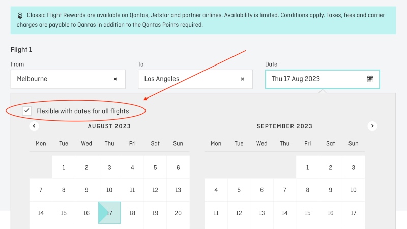 Search for flexible dates on the Qantas multi-city booking tool