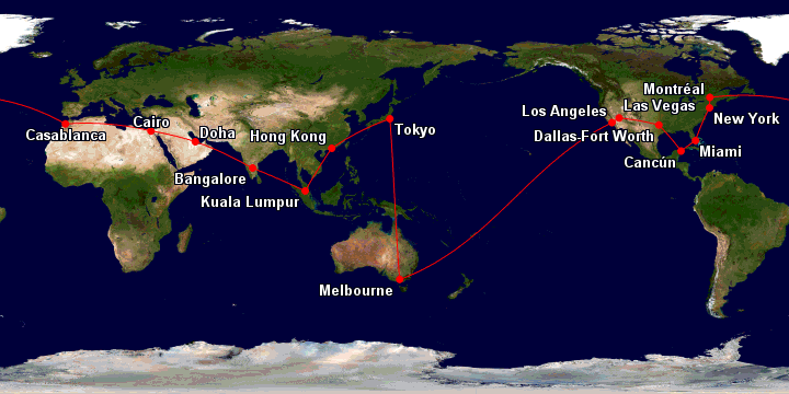 A sample 4-continent Oneworld Explorer itinerary starting in MEL with stops in NRT, HKG, KUL, BLR, DOH, CAI, CMN, YUL, LGA, MIA, CUN, DFW, LAS and LAX.