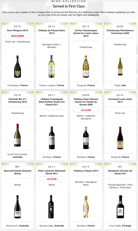Emirates First Class wine list