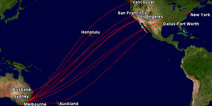 Qantas routes from Australia to North America: SYD-HNL, SYD-AKL-JFK, BNE-LAX, SYD-LAX, MEL-LAX, SYD-SFO, SYD-YVR, SYD-DFW and MEL-DFW