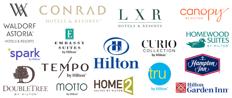 Hilton Honors participating hotel brands: Waldorf Astoria, Conrad, LXR, Canopy by Hilton, Embassy Suites by Hilton, Hilton, Curio Collection by Hilton, Homewood Suites by Hilton, DoubleTree by Hilton, Tempo by Hilton, Motto by Hilton, Home2 Suites by Hilton, Tru by Hilton, Hampton Inn, Hilton Garden Inn and Spark by Hilton.