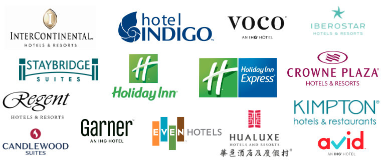 IHG hotel brands: InterContinental, Hotel Indigo, Voco, Iberostar, Staybridge Suites, Holiday Inn, Holiday Inn Express, Crowne Plaza, Regent, Garner, Even Hotels, Hualuxe, Candlewood Suites, Kimpton, Avid.