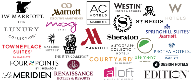 A selection of hotel brands participating in the Marriott Bonvoy program: JW Marriott, Marriott Executive Apartments, AC Hotels by Marriott, Westin Hotels & Resorts, W Hotels, The Luxury Collection, Moxy Hotels, St. Regis, SpringHill Suites by Marriott, TownePlace Suites by Marriott, Gaylord Hotels, The Ritz-Carlton, Sheraton, Autograph Collection Hotels, Protea Hotels by Marriott, Four Points by Sheraton, Courtyard by Marriott, Element by Westin, Design Hotels, Le Meridien, Renaissance Hotels & Resorts, Aloft Hotels, Edition.
