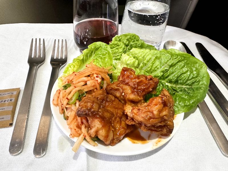 Korean fried chicken with pickled radish in Qantas business class
