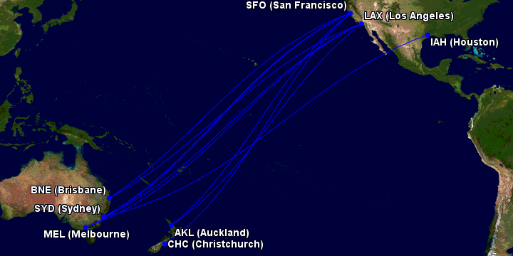Map of United Airlines routes to/from Australia and New Zealand as of December 2023
