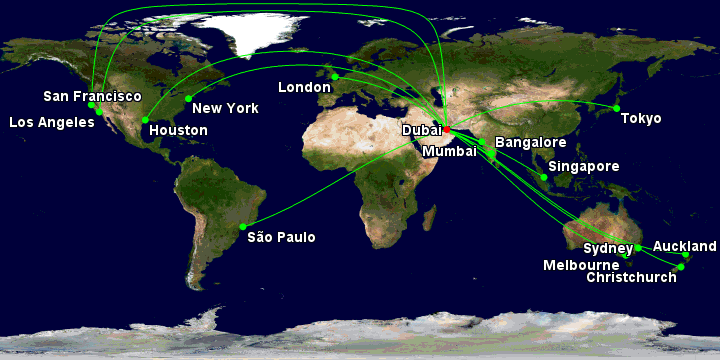 Emirates Premium Economy routes as of January 2024: DXB-AKL, DXB-BLR, DXB-IAH, DXB-LHR, DXB-LAX, DXB-MEL, DXB-BOM, DXB-JFK, DXB-SFO, DXB-GRU, DXB-SIN, DXB-SYD-CHC, DXB-NRT.