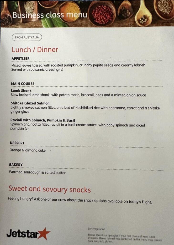 Business Class lunch menu on JQ47