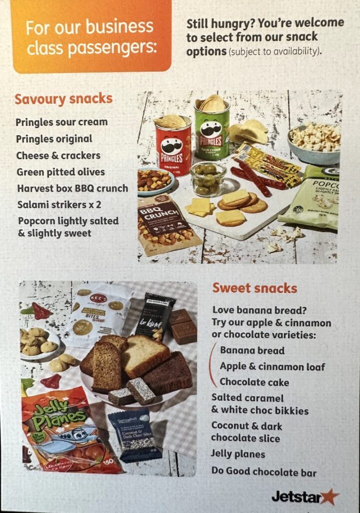 Snack menu in Jetstar Business Class