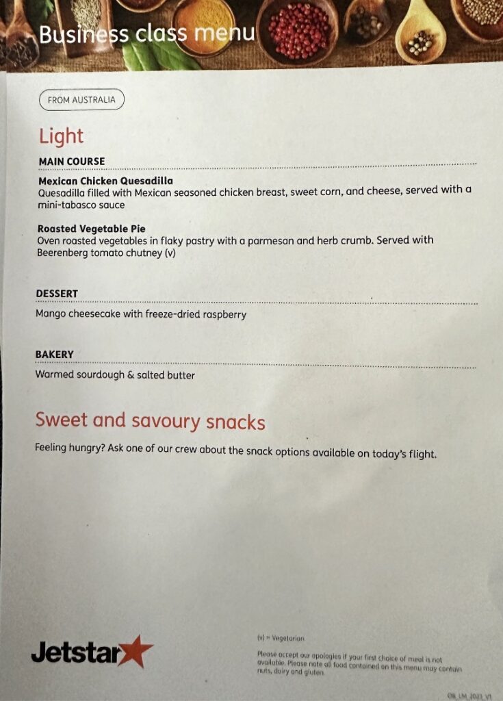 Business Class light meal menu on JQ47