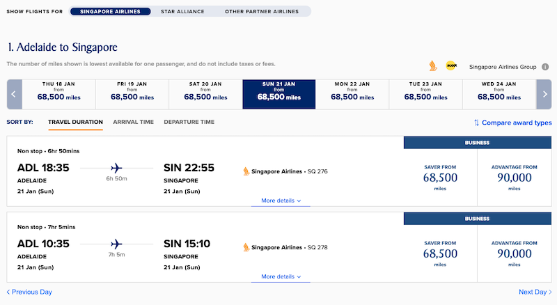 ADL-SIN award seats showing on Singapore Airlines website