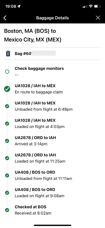 Bag tracking in the United app