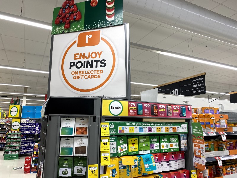 Gift cards on the shelf at a Woolworths supermarket