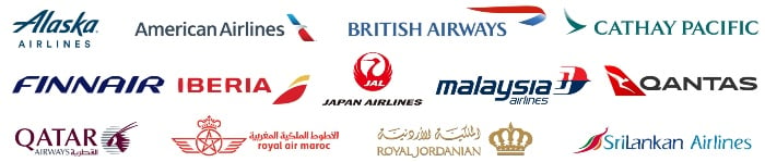 Oneworld member airlines: Alaska Airlines, American Airlines, British Airways, Cathay Pacific, Finnair, Iberia, Japan Airlines, Malaysia Airlines, Qantas, Qatar Airways, Royal Air Maroc, Royal Jordanian, SriLankan Airlines.
