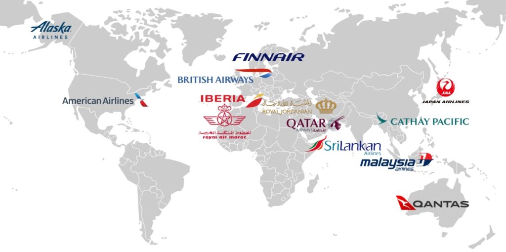 Map of Oneworld alliance member airlines: Alaska Airlines, American Airlines, British Airways, Iberia, Finnair, Royal Air Maroc, Royal Jordanian, Qatar Airways, SriLankan Airlines, Malaysia Airlines, Cathay Pacific, Japan Airlines and Qantas.
