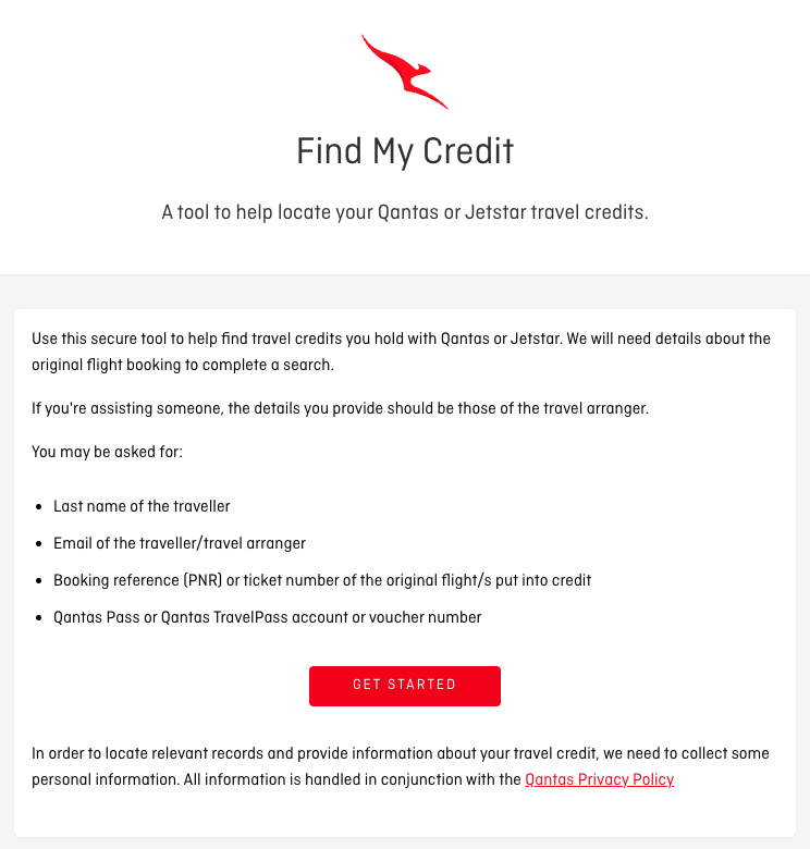 Qantas 'Find My Credit' website