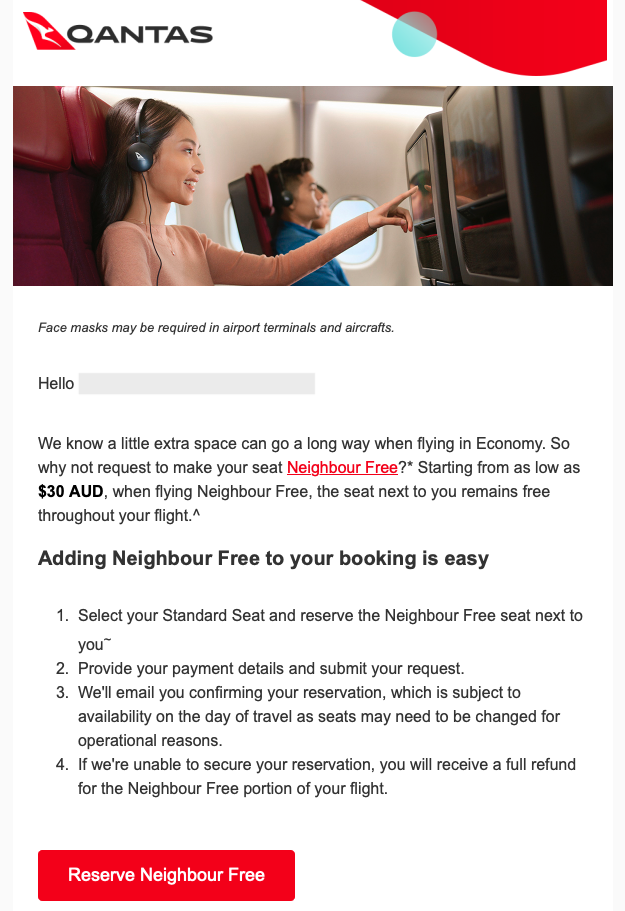 Example of an email from Qantas offering Neighbour Free