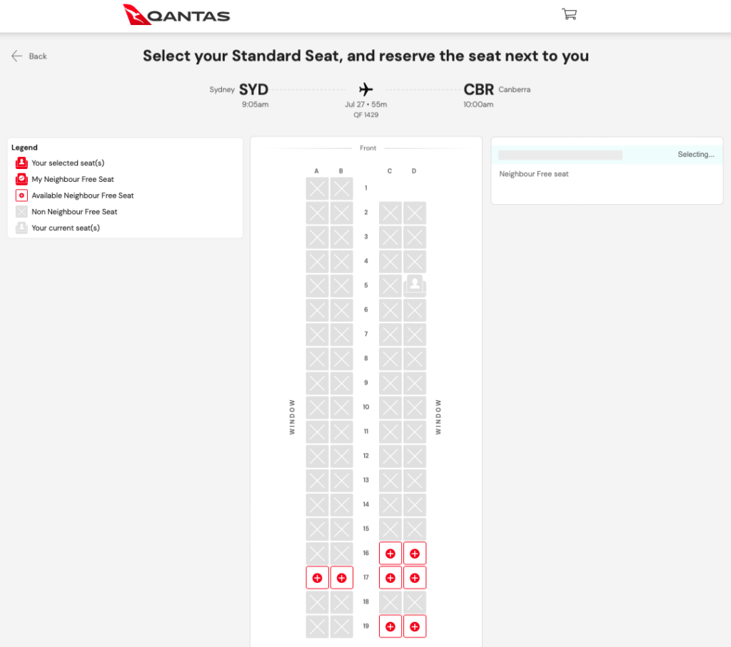 Selecting a Neighbour Free seat allocation on the Plusgrade website.