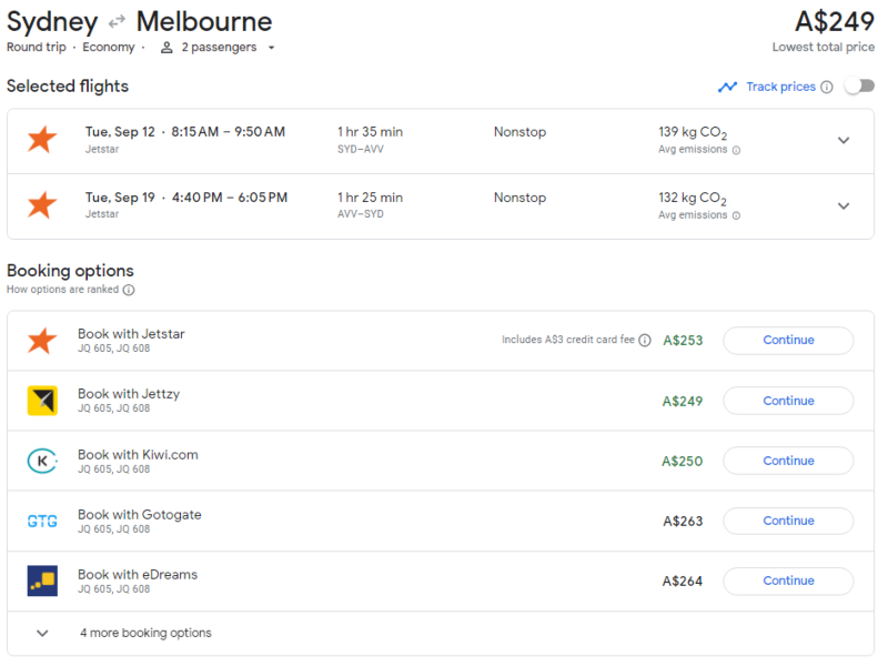 Booking options for Sydney - Melbourne on Google Flights
