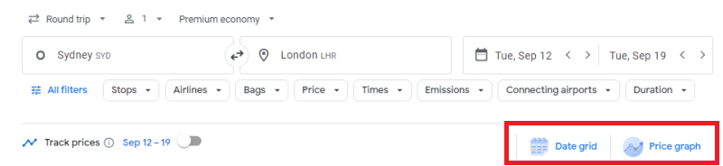 Where to find the date grid and price graph options on Google Flights