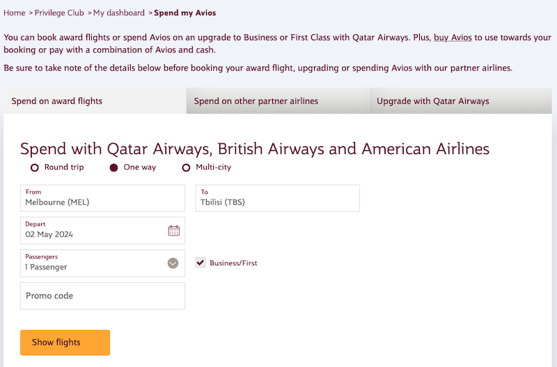 Qatar Airways website award booking search