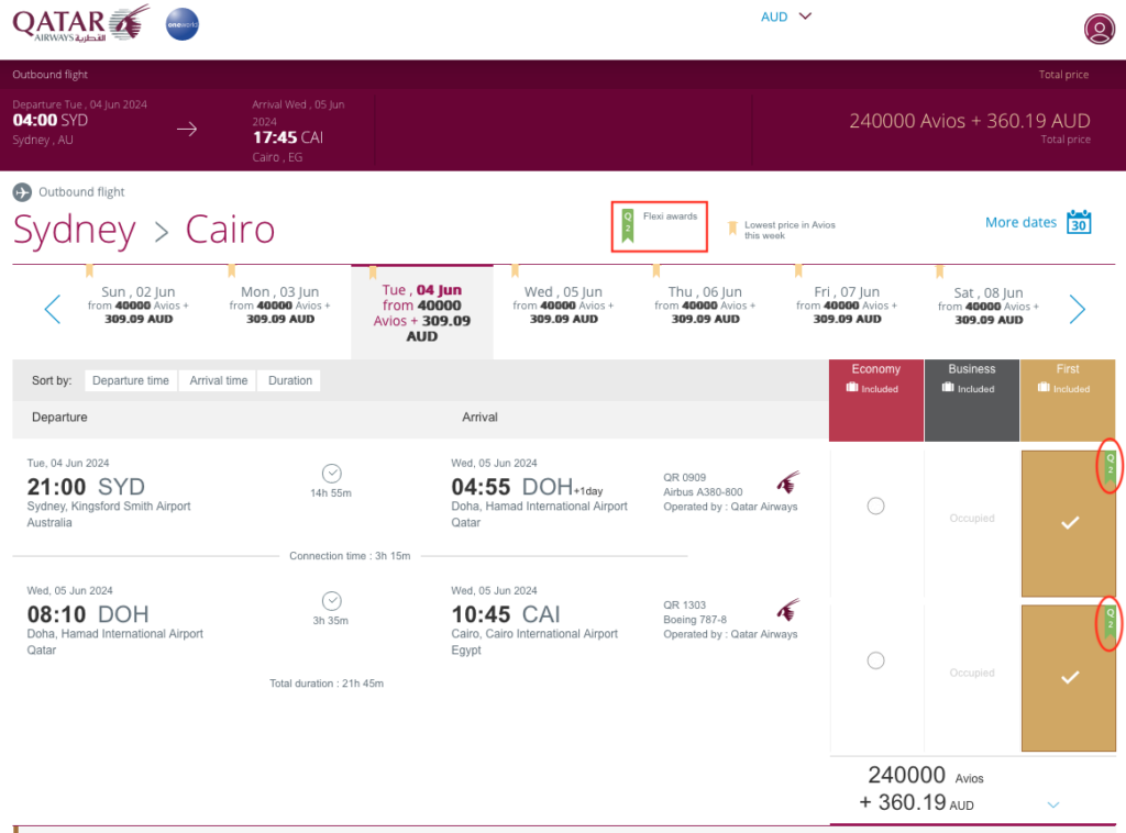 SYD-CAI award availability on Qatar Airways website