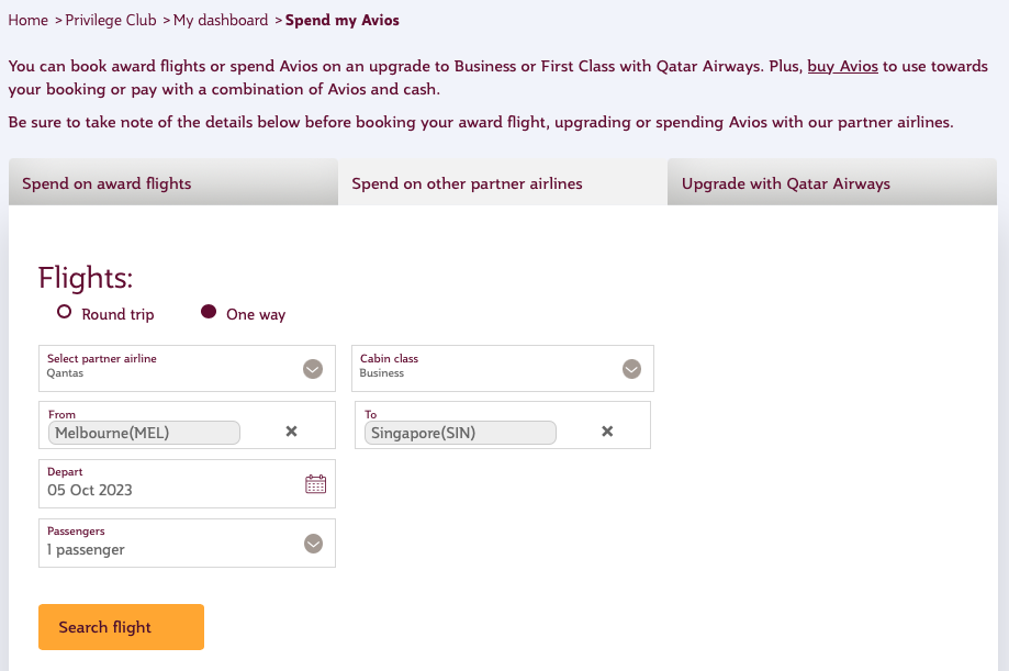 The process of booking a partner airline award on the Qatar Airways website