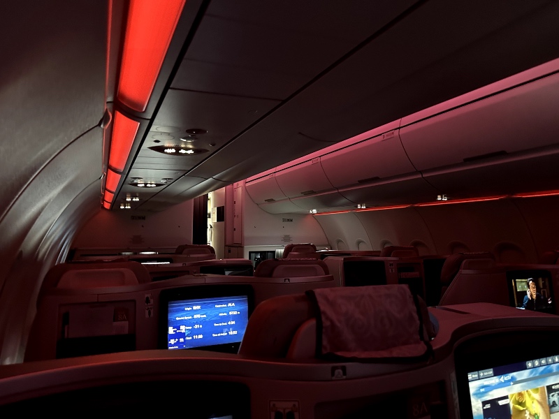 Air Astana business cabin in darkness