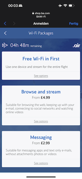 British Airways in-flight wifi login