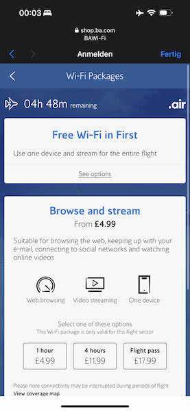 British Airways in-flight wifi login