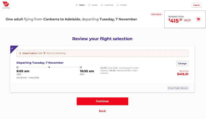 VA CBR-SYD-ADL booking with Economy on one sector