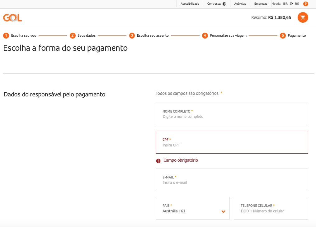 A Brazilian CPF is a required field on the Brazilian version of voegol.com.br.