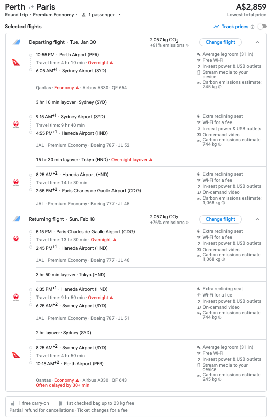 Google Flights example of a JL PER-CDG fare