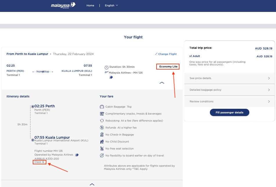 Economy Lite PER-KUL fare itinerary on the MH website