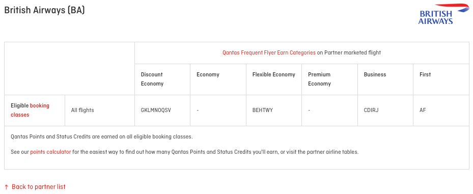 Qantas Frequent Flyer Earn Categories for BA marketed flights
