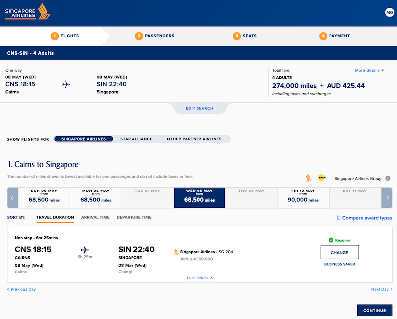 CNS-SIN award availability on the Singapore Airlines website