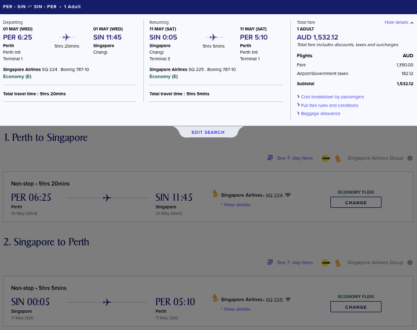 Singapore Airlines website PER-SIN Economy Flexi booking