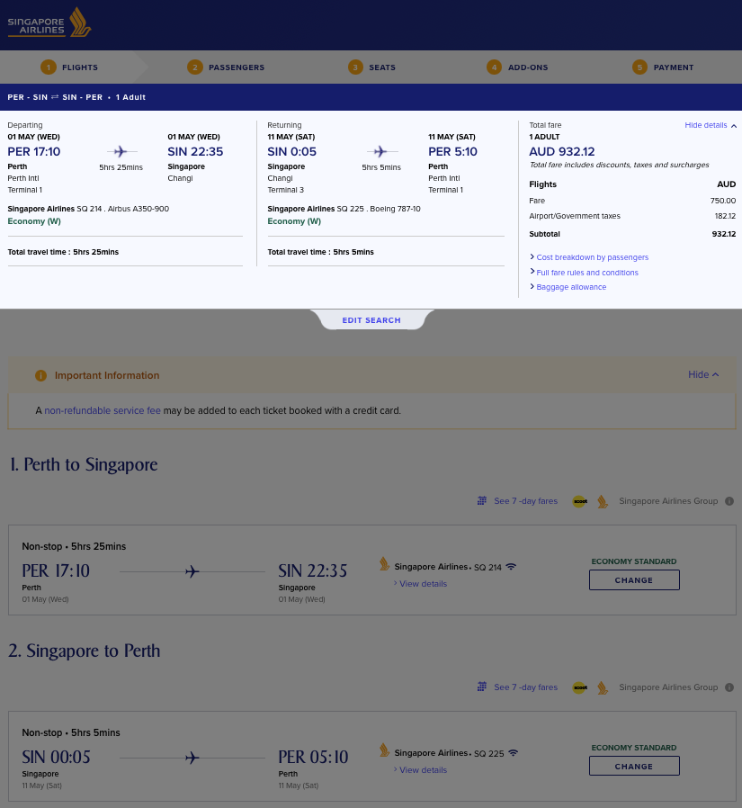 Singapore Airlines PER-SIN Economy Standard booking in W class