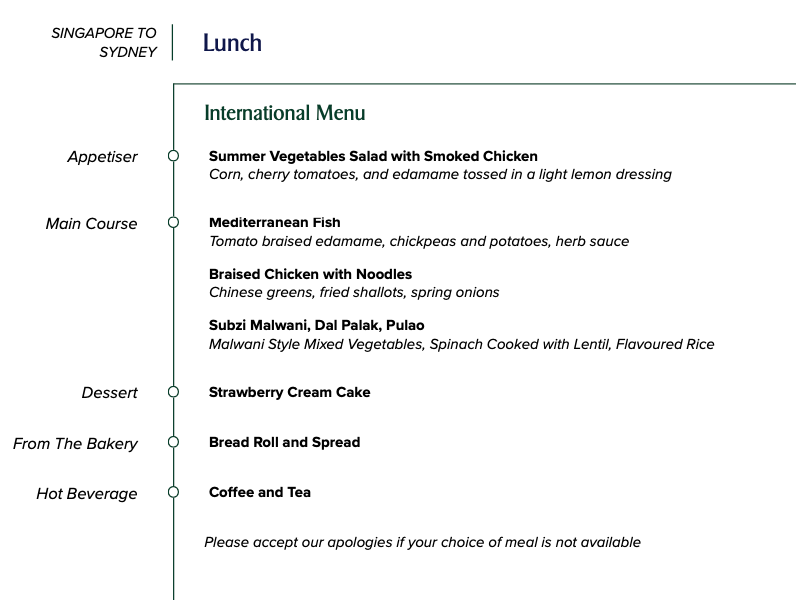 Economy Class lunch menu on SQ211
